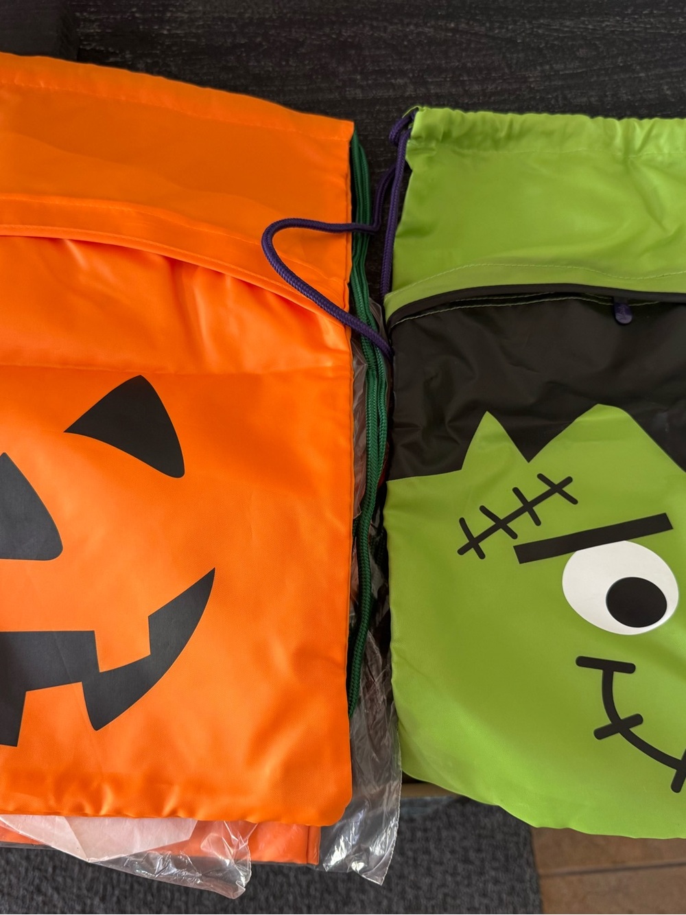 Thirty-One Halloween Pumpkin (2) & Frankenstein (1) Cinch Sack Bags (no names)